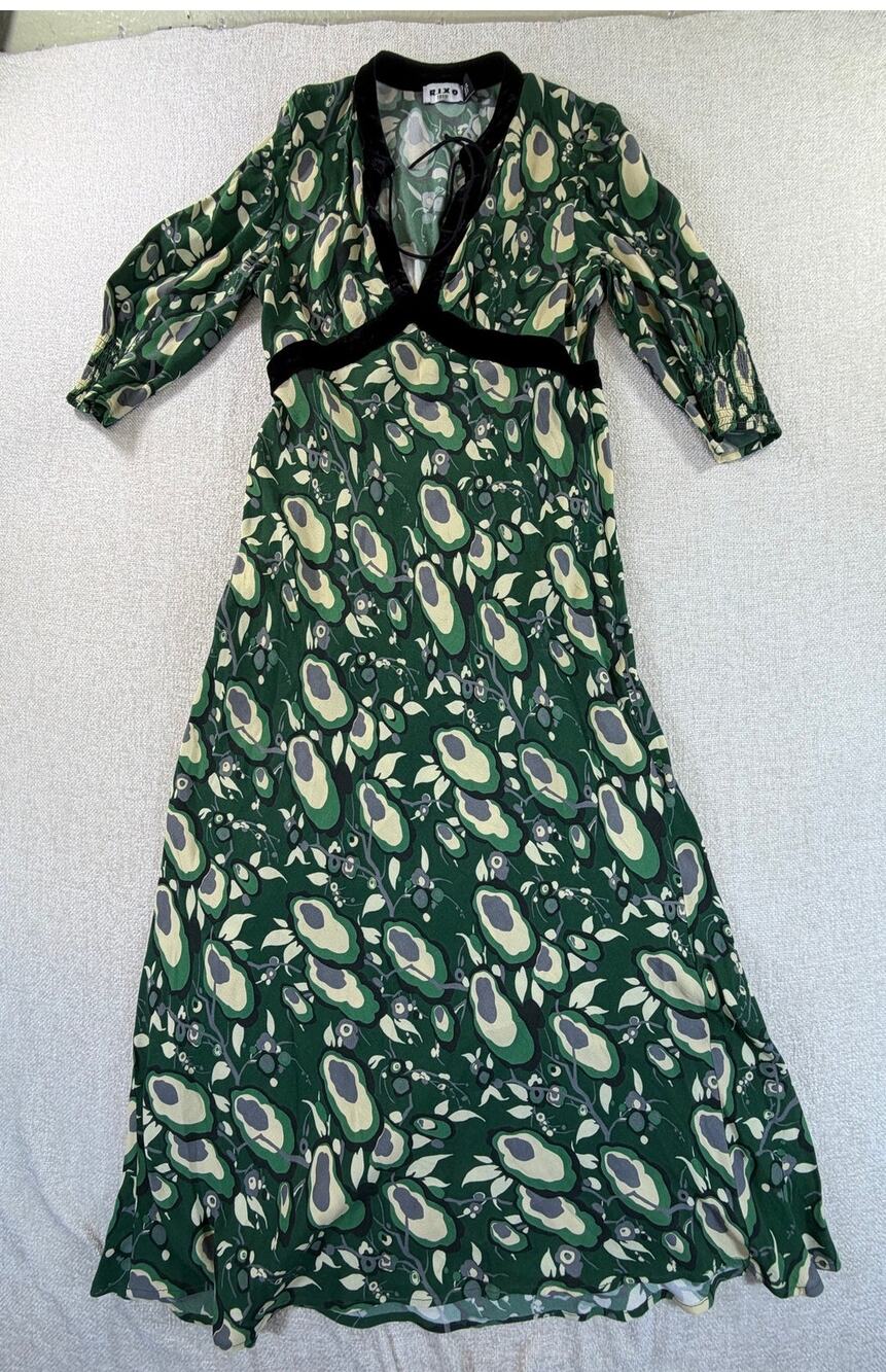 Rixo Women's 6 Green Abstract Print Elbow Sleeve Maxi Dress Boho Designer Resort